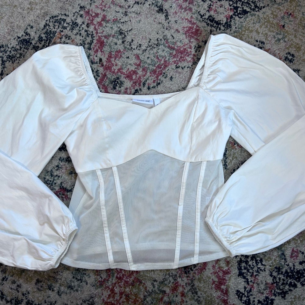 White Puff-Sleeve Sheer-Panel Blouse